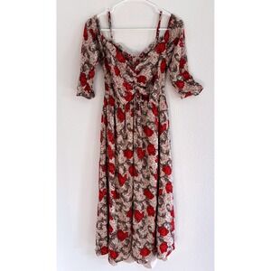 Hinge Dress Womens Size Small Midi Cherry Red Floral Feminine‎ Peasant Romantic